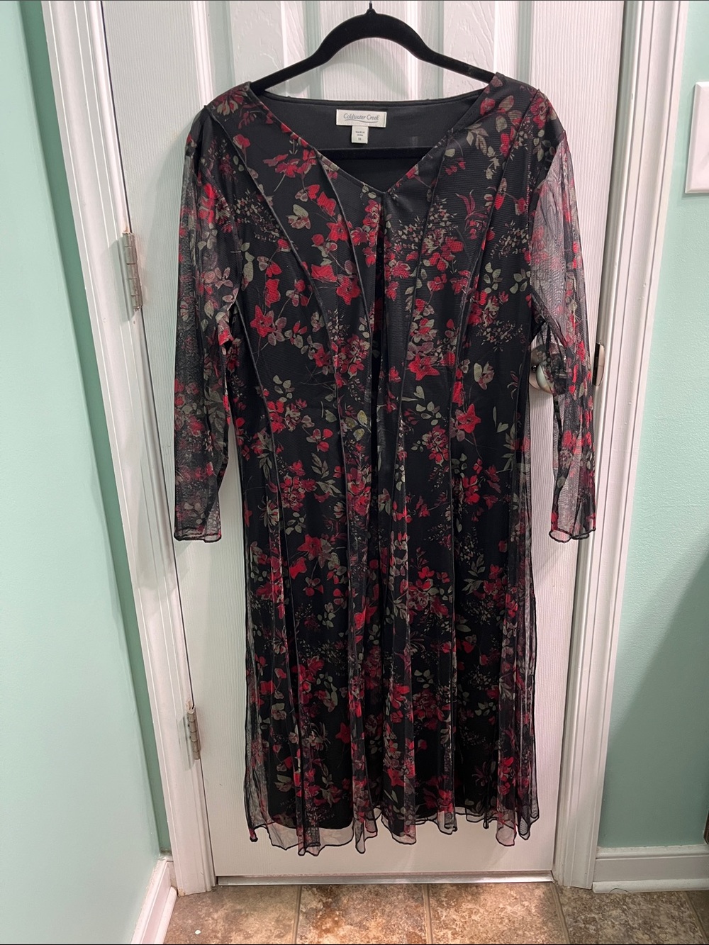 Coldwater Creek Black Mesh Midi Dress with Red Floral Print
